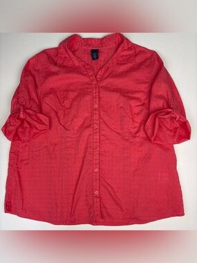 Basic Editions Women 2X Shirt Check Coral Pink Roll Tab Lightweight Cotton